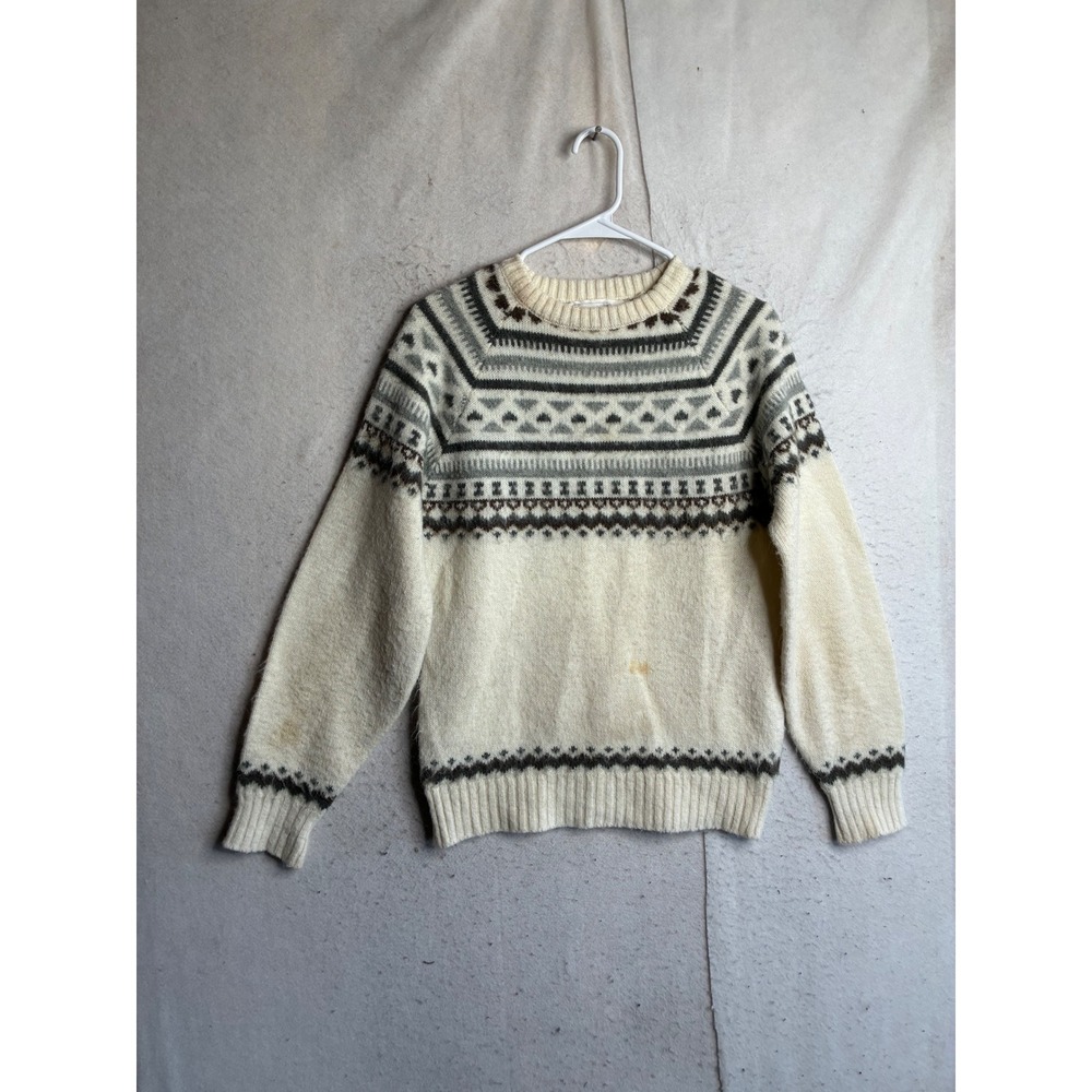 Arctic Fox Vintage Fair Isle Knit Sweater Cream Brown Grey Nordic Yoke L